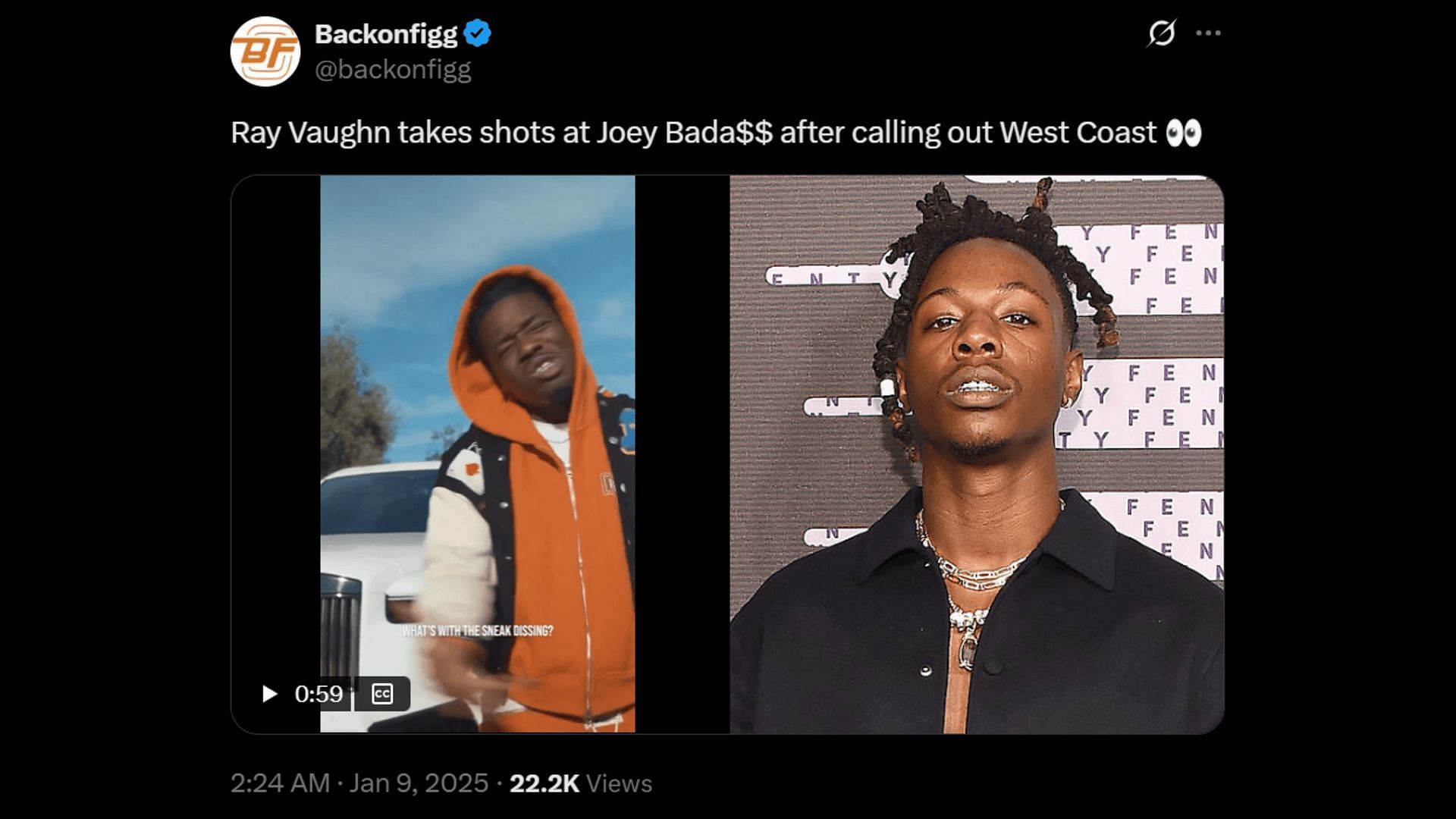Ray Vaughn takes a shot at Joey Badass in his single, 'Crashout Heritage.' (Image via X)